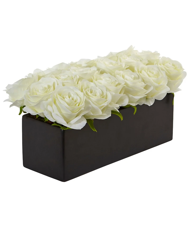 Nearly Natural Dozen Silk Roses Ceramic Rectangular Planter