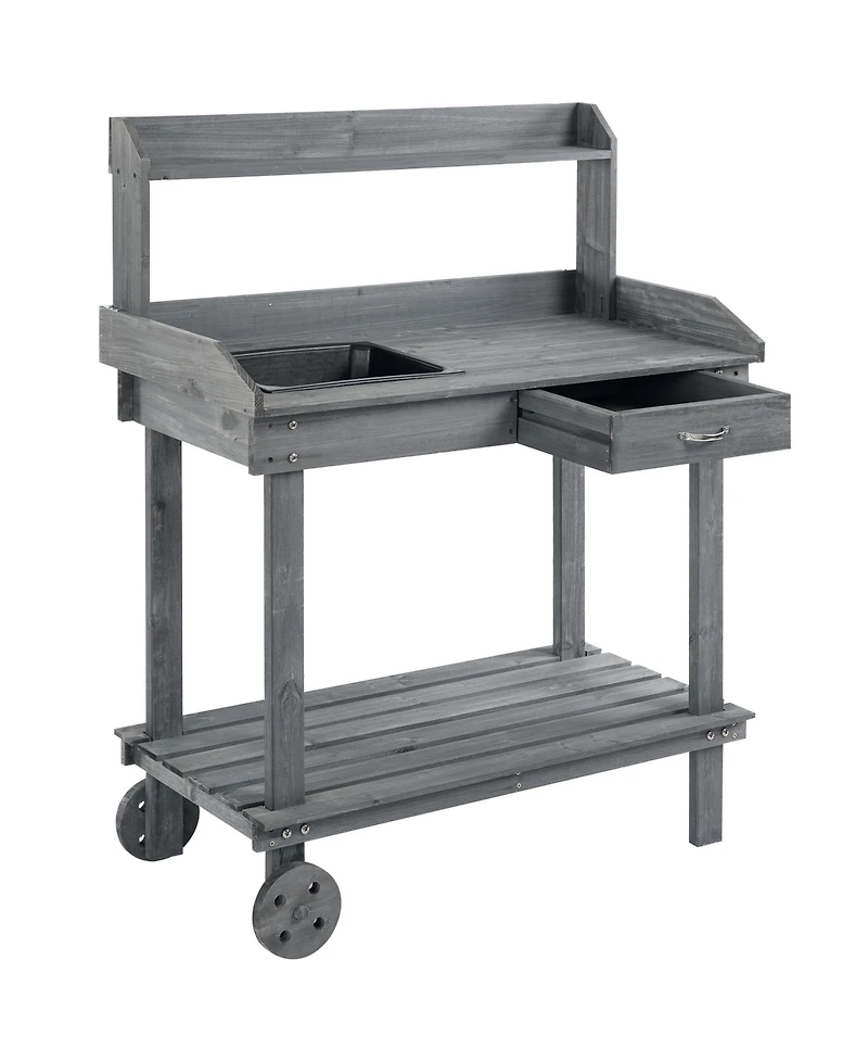 Outsunny 36" x 18" x 47'' Wood Potting Bench Work Table w/ 2 Wheels,