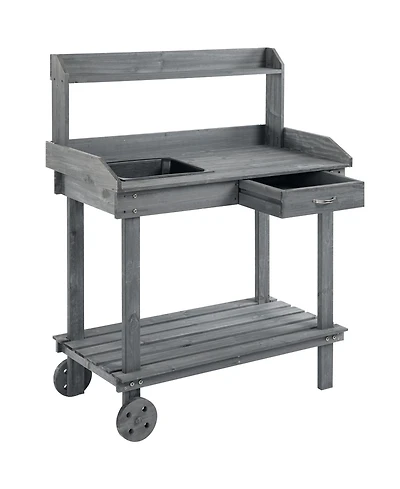 Outsunny 36" x 18" x 47'' Wood Potting Bench Work Table w/ 2 Wheels,