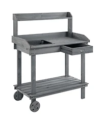 Outsunny 36" x 18" x 47'' Wood Potting Bench Work Table w/ 2 Wheels,