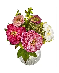 Nearly Natural Peony & Mum in Glass Vase
