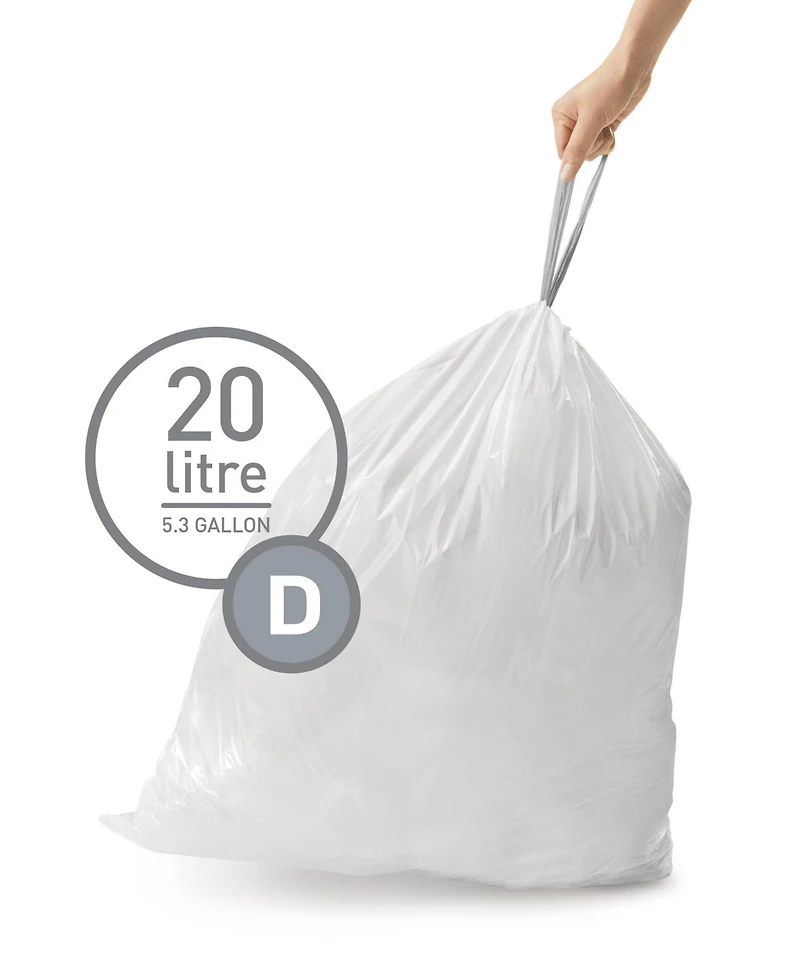 simplehuman Code D 100pk Custom Fit Liners with 5 Quick Dispense Packs, 20L Kitchen Trash Bag Liners