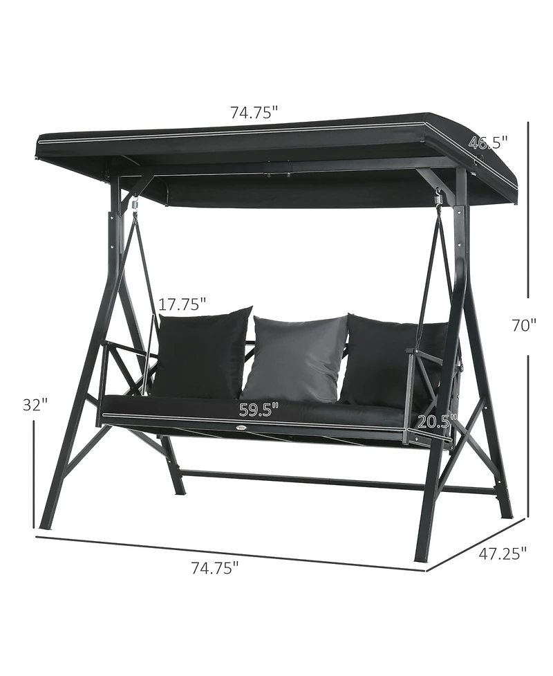 Outsunny 3-Seat Patio Swing Chair, Outdoor Canopy Swing Glider with Cushion with 3 Throw Pillows & Adjustable Shade for Porch, Garden, Poolside