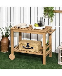 Outsunny Outdoor Wood Bar Cart Patio Serving Cart with Wine Holders, Natural