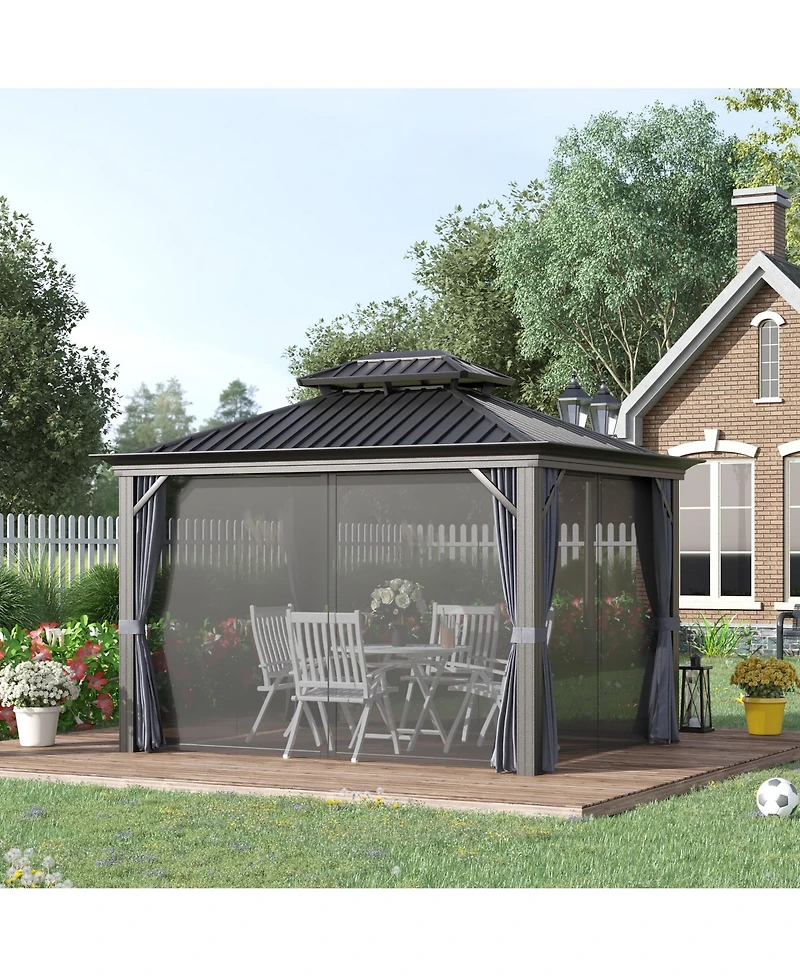 Outsunny 10' x 12' Hardtop Patio Gazebo, Netting Curtains,