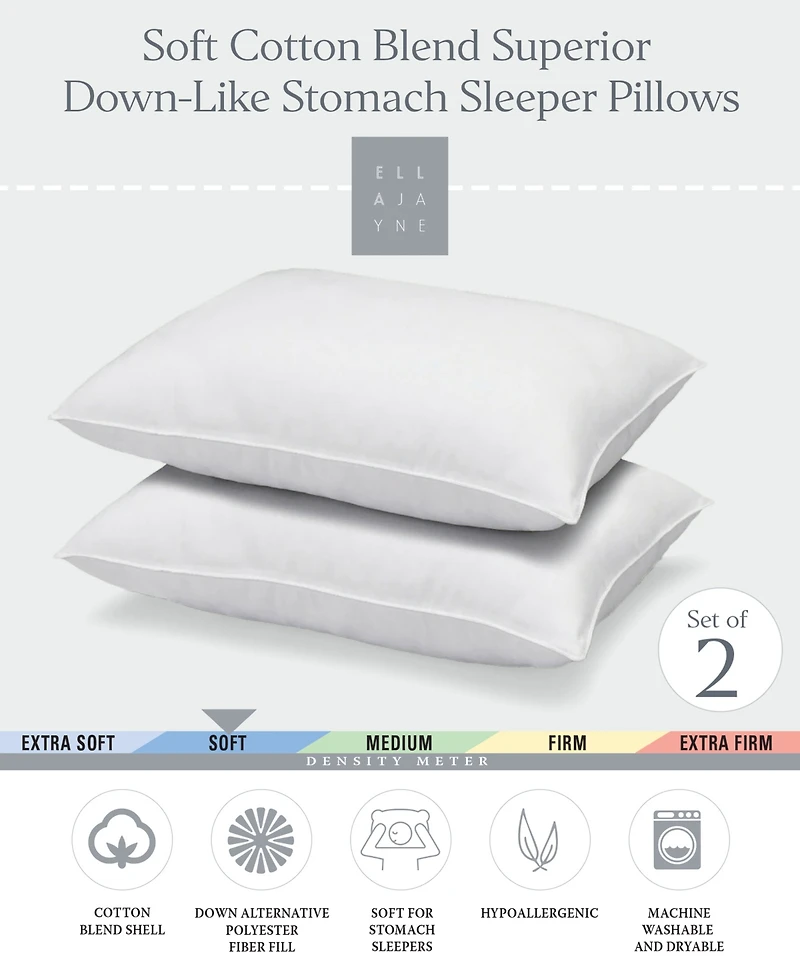 Ella Jayne Superior Cotton Blend Shell Soft Density Stomach Sleeper Down Alternative -Pack Pillows