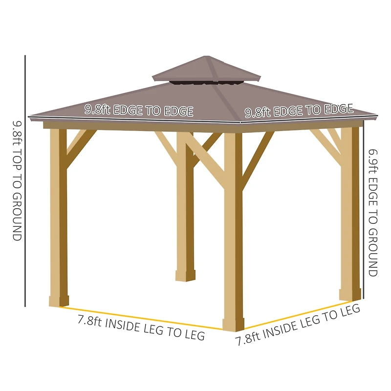 Outsunny 10x10 Wooden Hardtop Gazebo with Metal Roof Canopy and Ceiling Hook