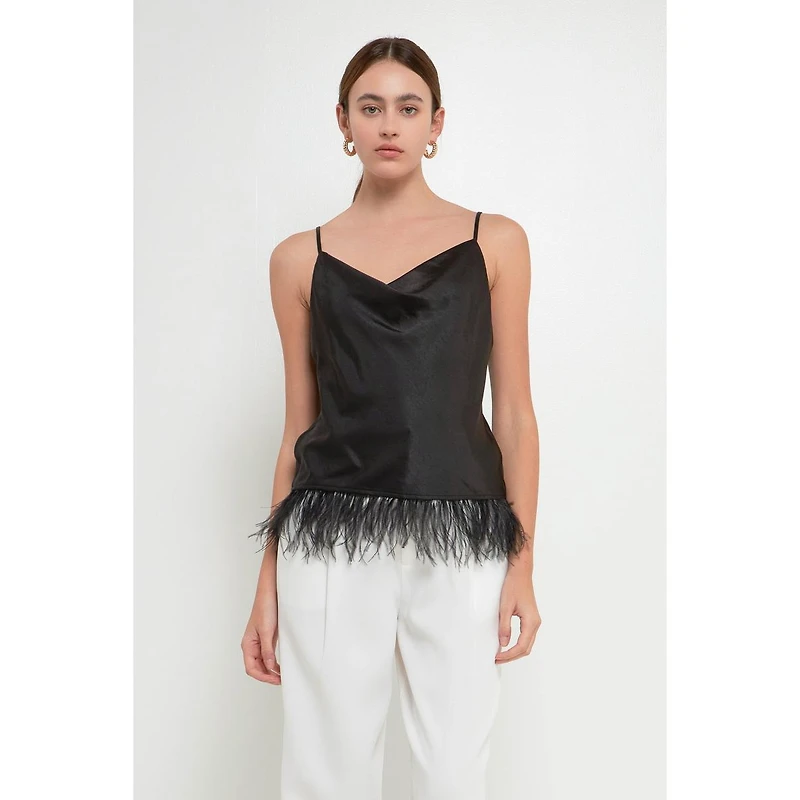 endless rose Women's Satin Cowl Neck Top with Feather