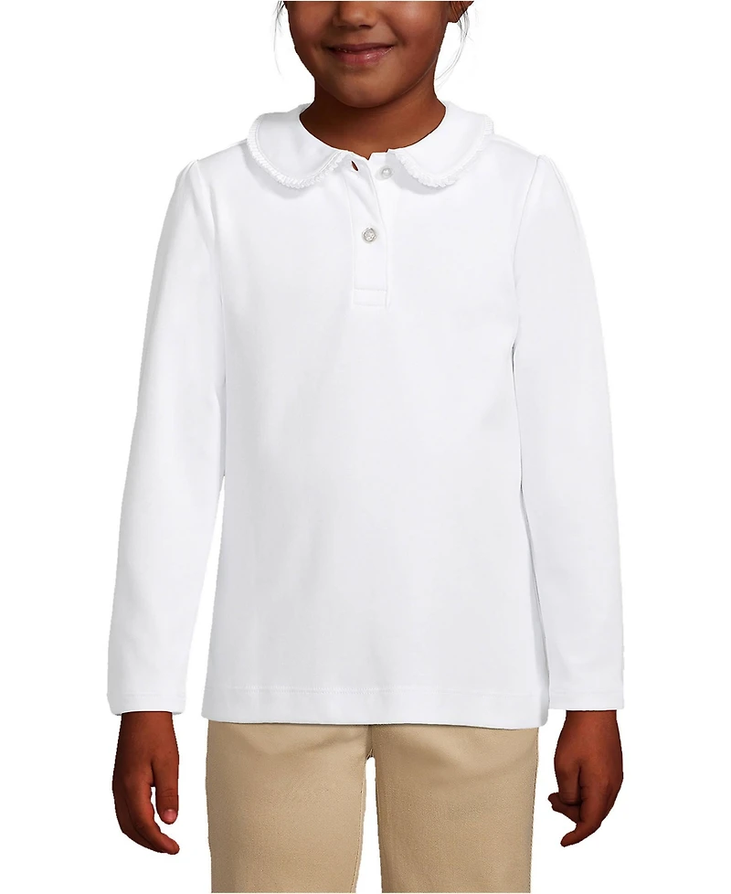 Lands' End Girls School Uniform Long Sleeve Ruffled Peter Pan Collar Polo Knit Shirt