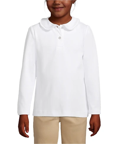 Lands' End Girls School Uniform Long Sleeve Ruffled Peter Pan Collar Polo Knit Shirt