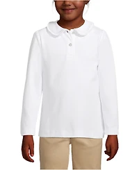 Lands' End Girls School Uniform Long Sleeve Ruffled Peter Pan Collar Polo Knit Shirt