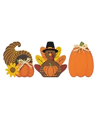 Glitzhome 7" H Set of 3 Thanksgiving Wooden Pumpkin, Turkey Cornucopia Table Decor