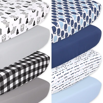 The Peanutshell Woodland Animals and Nautical Fitted Crib Sheets for Boys, 8-Pack Set, Black, White, Blue