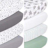 The Peanutshell Celestial Stars and Elephant Fitted Crib Sheets, Unisex 8-Pack Set, Grey, Green