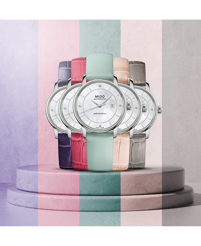 Mido Women's Swiss Automatic Baroncelli Diamond Accent Interchangeable Leather Strap Watch 30mm Gift Set