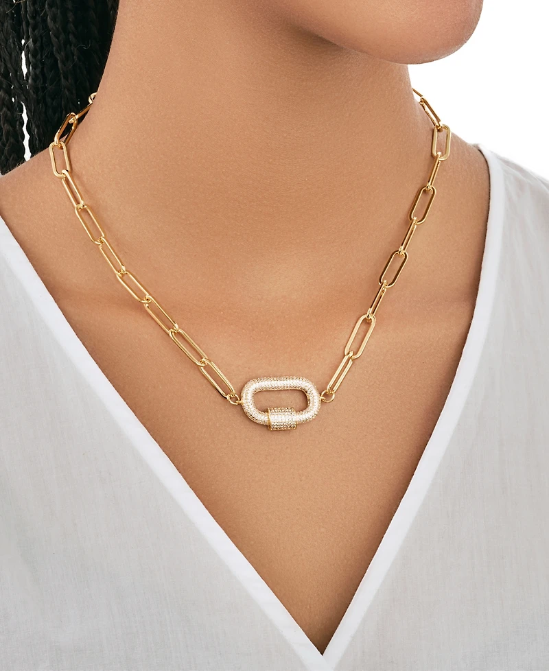 Sterling Forever Pave Cubic Zirconia Carabiner Linked Lock Necklace