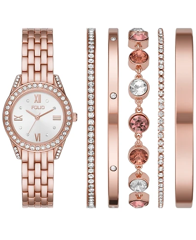 Folio Women's Three Hand Rose-Gold-Tone 31mm Watch and Bracelet Gift Set, 6 Pieces