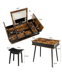 Costway Vanity Table Set Flip Top Mirror Lights Usb Port Cushioned Stool