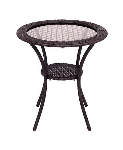 Round Rattan Wicker Coffee Table Glass Top Steel Frame Patio Furni W/Lower Shelf