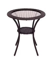 Round Rattan Wicker Coffee Table Glass Top Steel Frame Patio Furni W/Lower Shelf