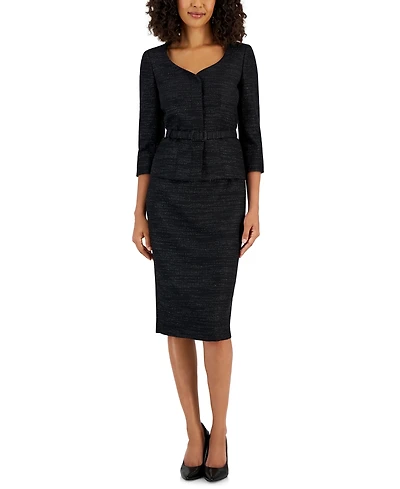 Le Suit Women's Metallic Tweed Belted Jacket & Pencil Skirt Suit