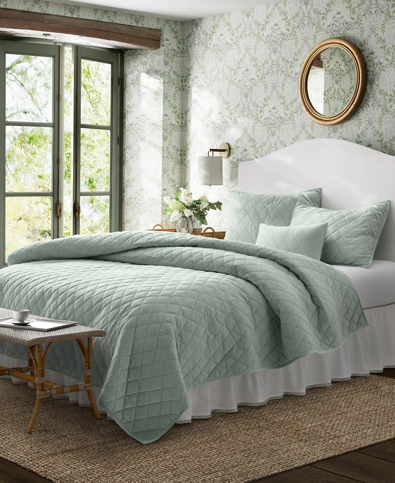 Laura Ashley Solid Velvet Diamond Stitch 4 Piece Quilt Set, King