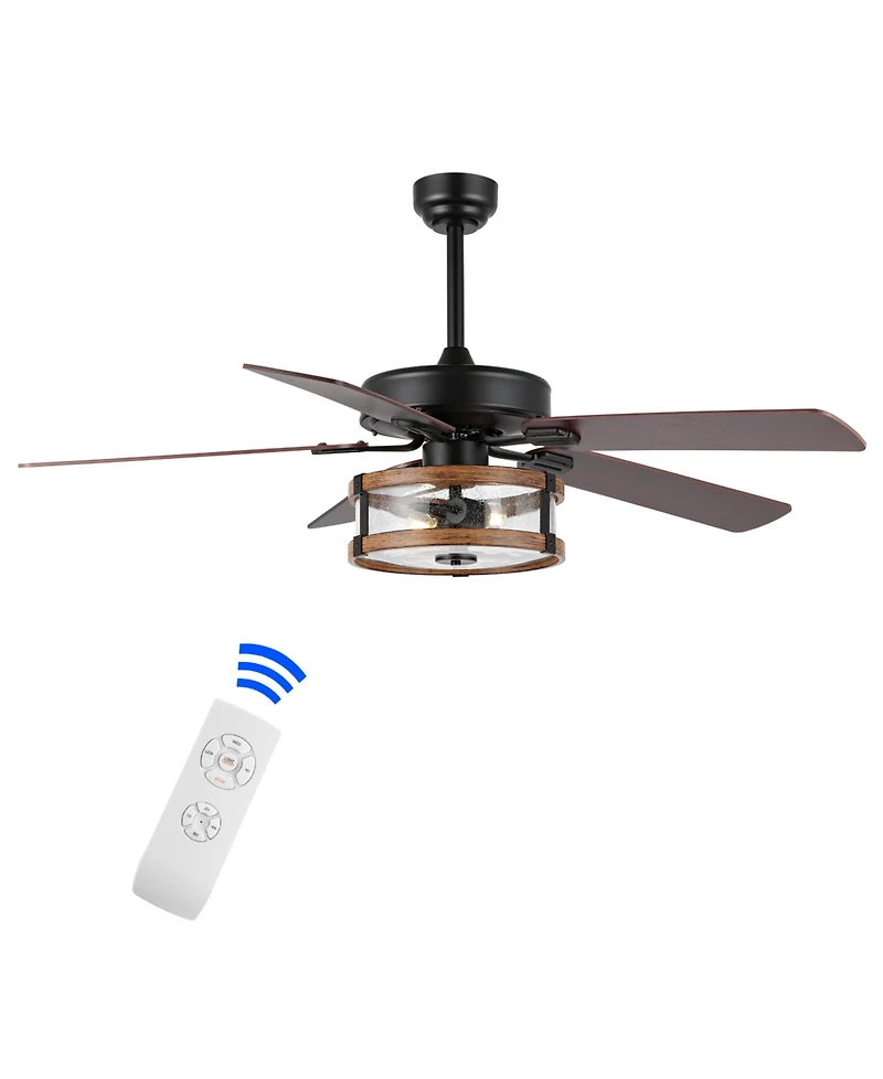 Joanna 52" 2-Light Rustic Industrial Iron, Wood, Seeded Glass Mobile-App, Remote-Controlled Led Ceiling Fan