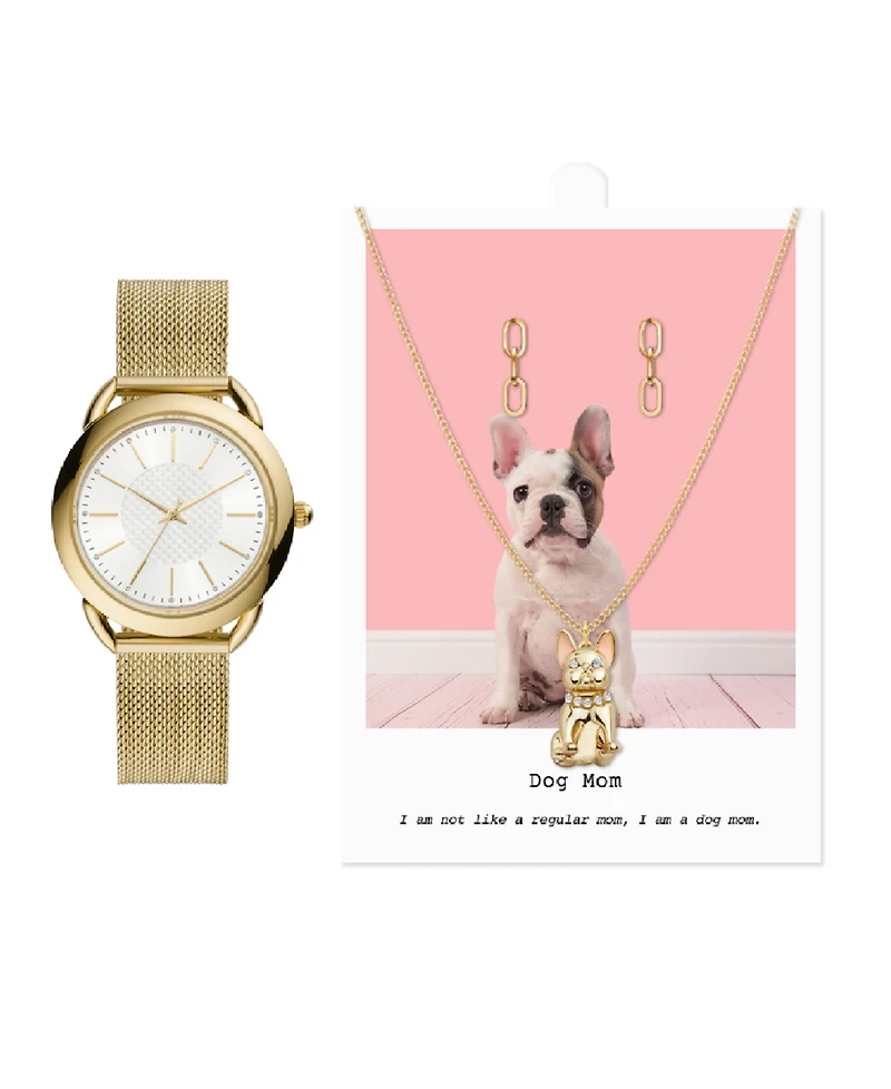 Jessica Carlyle Women's Analog, Three-Hand Quartz Shiny Gold-Tone Mesh Bracelet Watch 35mm Gift Set