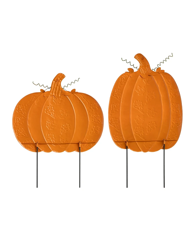 Glitzhome Fall Metal Embossed Glitter Pumpkin Yard Stake Or Porch Decor, Set of 2