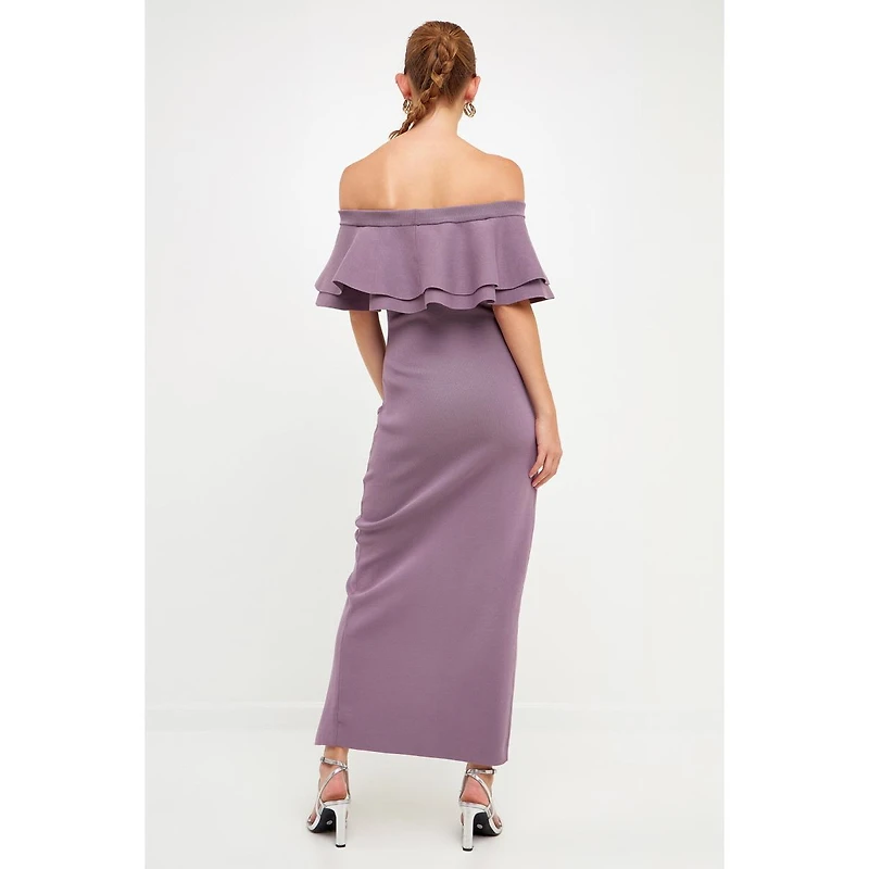 endless rose Women's Off the Shoulder Ruffle Maxi Dress with Leg Slit