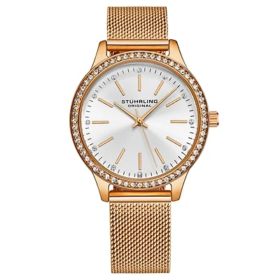 Women's Quartz Watch Crystal Studded Rose Gold Tone Stainless Steel Case Silver Dial Rose Hands and Markers Rose Mesh Bracelet