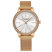 Women's Quartz Watch Crystal Studded Rose Gold Tone Stainless Steel Case Silver Dial Rose Hands and Markers Rose Mesh Bracelet