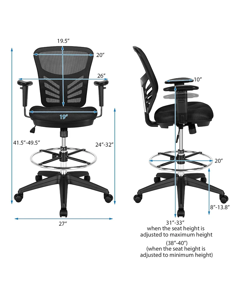 Mesh Drafting Chair Office Chair w/Adjustable Armrests & Foot-Ring