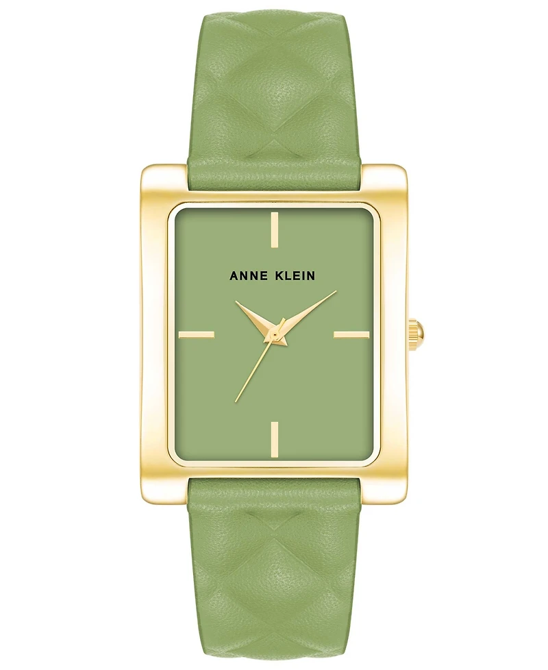 Anne Klein Women's Three Hand Quartz Rectangular Gold-Tone Alloy and Green Genuine Leather Strap Watch, 32mm