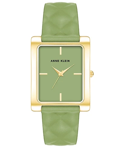 Anne Klein Women's Three Hand Quartz Rectangular Gold-Tone Alloy and Green Genuine Leather Strap Watch, 32mm