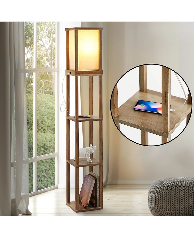 Etagere 63.5" Rustic Bohemian Wooden Led 3-Shelf Floor Lamp with Pull-Chain, Usb Charging Port and Smart Bulb