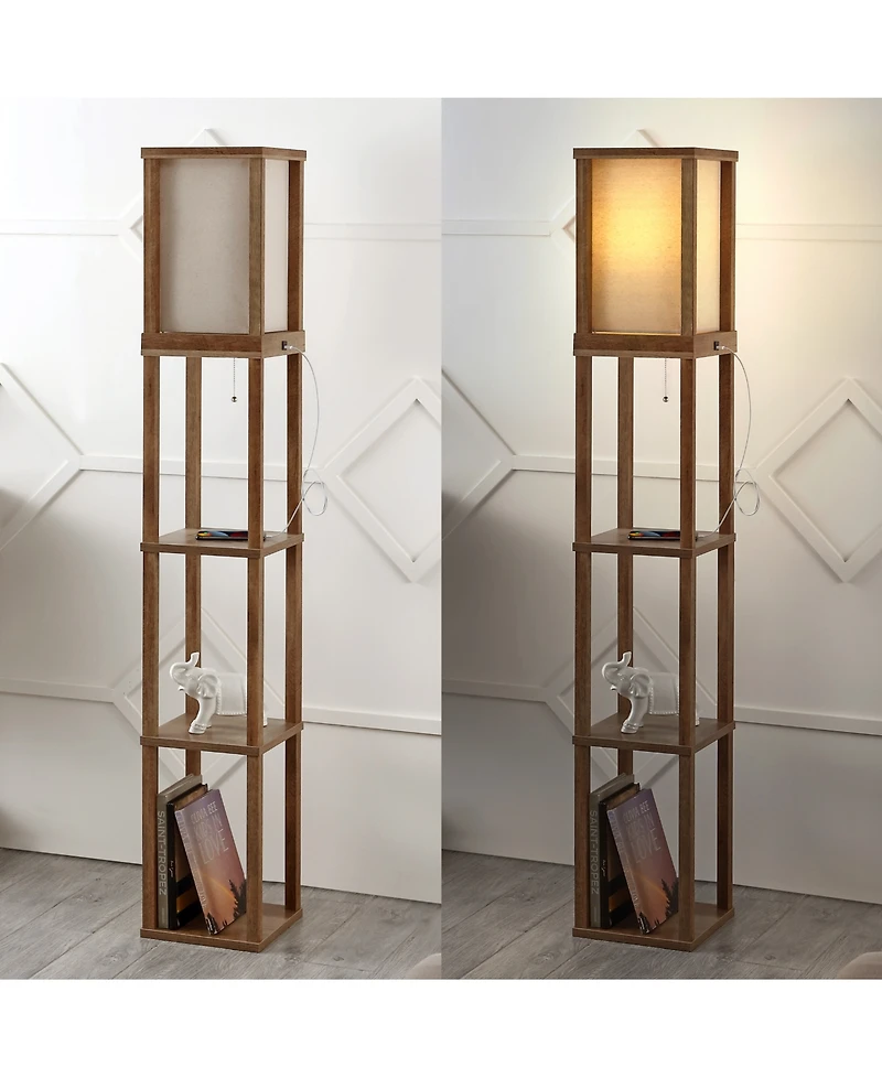 Etagere 63.5" Rustic Bohemian Wooden Led 3-Shelf Floor Lamp with Pull-Chain, Usb Charging Port and Smart Bulb