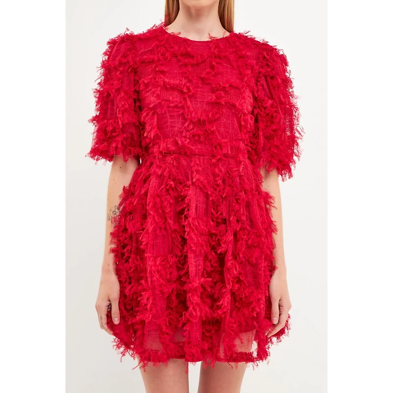 endless rose Women's Gridded Mesh Feathered Puff Sleeve Mini Dress