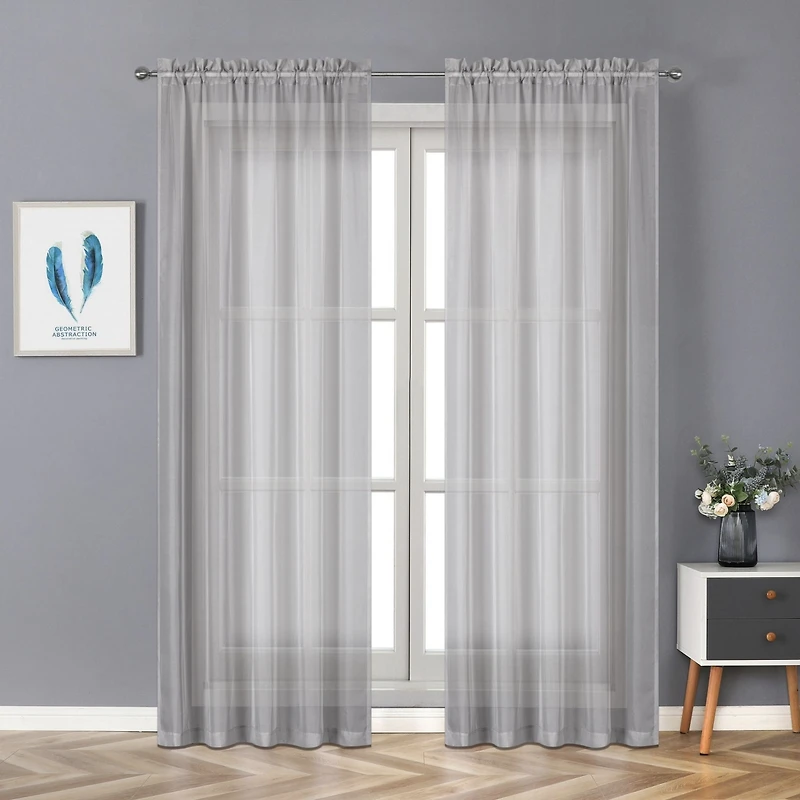 Kate Aurora Montauk Accents Ultra Lux 2 Piece Rod Pocket Silver Sheer Voile Window Curtain Panels - 84 in. Long
