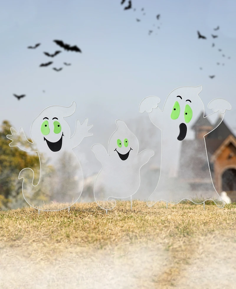 Glitzhome 40" H Halloween Metal Mesh Glow in Dark Ghost Family Yard Stake, Set of 3