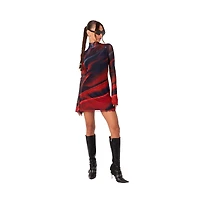 Edikted Women's Printed Mesh Lettuce Hem Mini Dress With Side Slits And Bell Sleeves