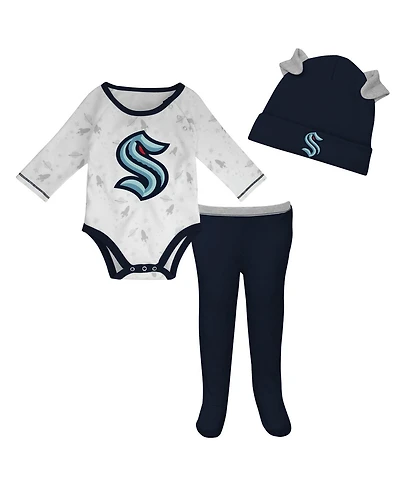 Newborn and Infant Boys and Girls White, Deep Sea Blue Seattle Kraken Dream Team Hat Pants and Bodysuit Set