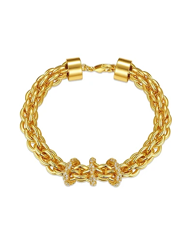 14k Yellow Gold Plated with Cubic Zirconia Triple Circle Round Woven Braided Link Chain Bracelet