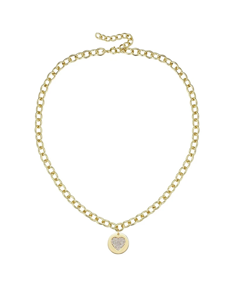 14k Gold Plated with Cubic Zirconia Heart Medallion Pendant Curb chain Adjustable Necklace