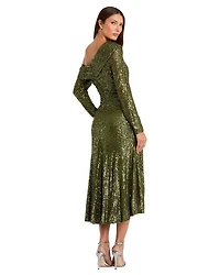 Mac Duggal Women's Ieena One Shoulder Sequin Long Sleeve Midi Dress
