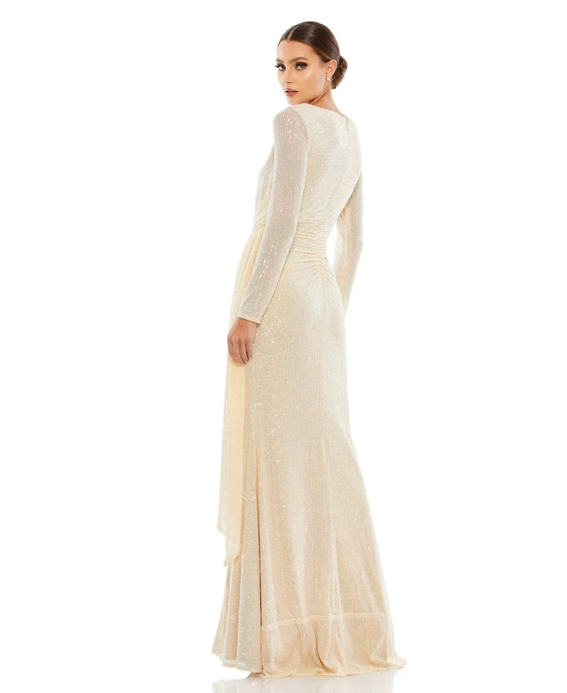 Mac Duggal Women's Ieena Sequined Ruched Long Sleeve Boat Neck Gown