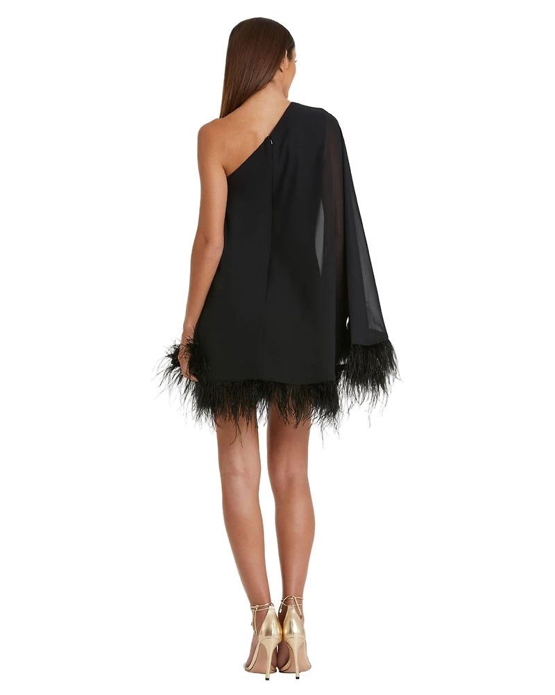 Mac Duggal Women's One Shoulder Trapeze Dress with Feather Trim