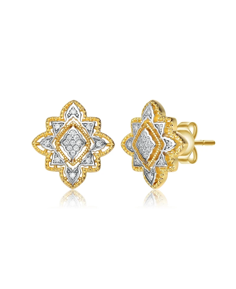 4 Prong 14K Gold Plated and Cubic Zirconia Floral Stud Earrings