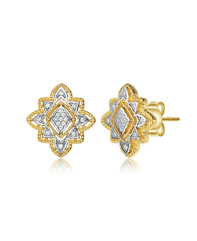 4 Prong 14K Gold Plated and Cubic Zirconia Floral Stud Earrings