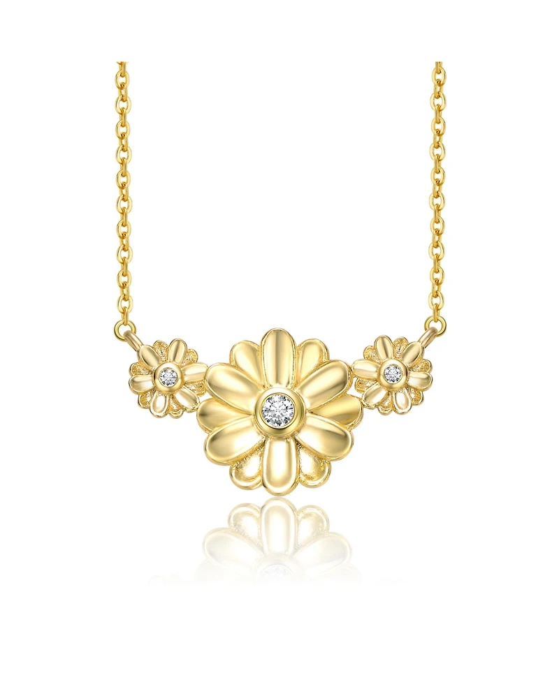 Young Adults/Teens 14k Yellow Gold Plated with -Like Cubic Zirconia Triple Daisy Flower Chevron Pendant Necklace